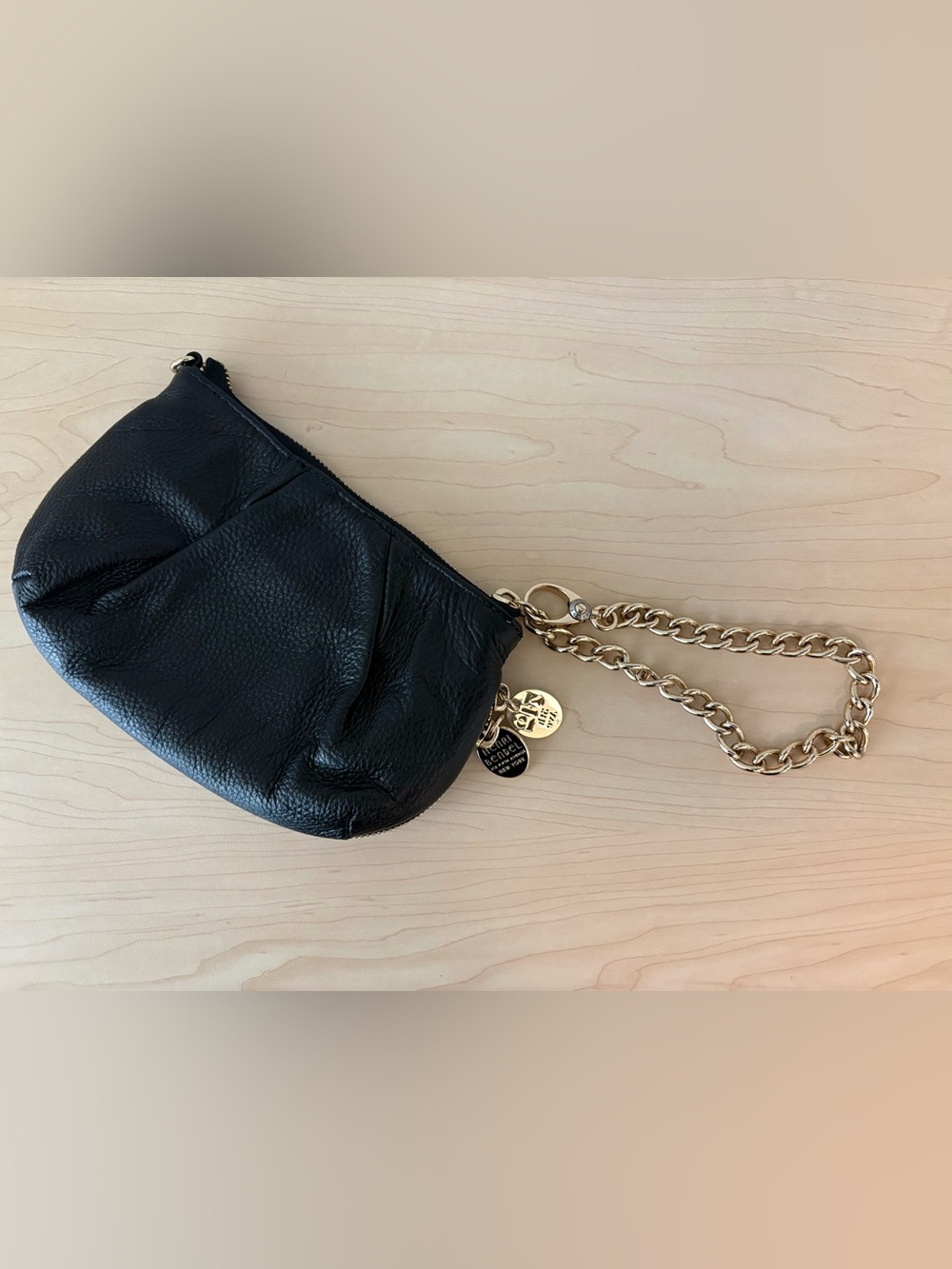 Henri Bendel Black Leather Expandable Wristlet with Gold Chain